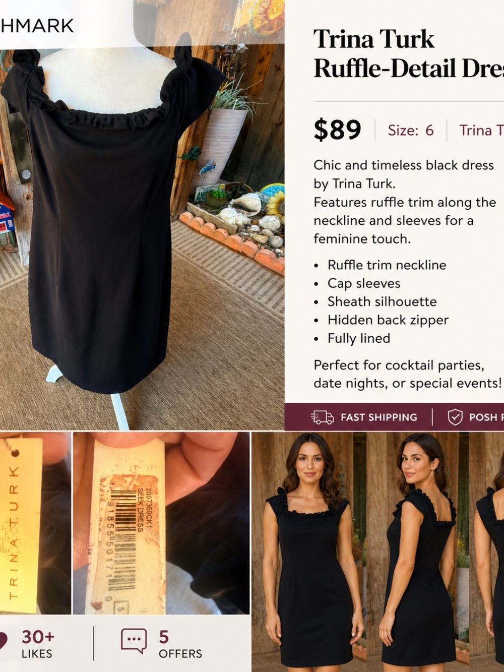 Trina Turk Black Ruffle Neck Shift Dress | Chic Minimalist Classic